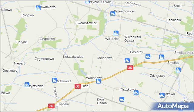 mapa Melanowo gmina Miejska Górka, Melanowo gmina Miejska Górka na mapie Targeo
