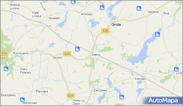 mapa Mełno gmina Gruta, Mełno gmina Gruta na mapie Targeo