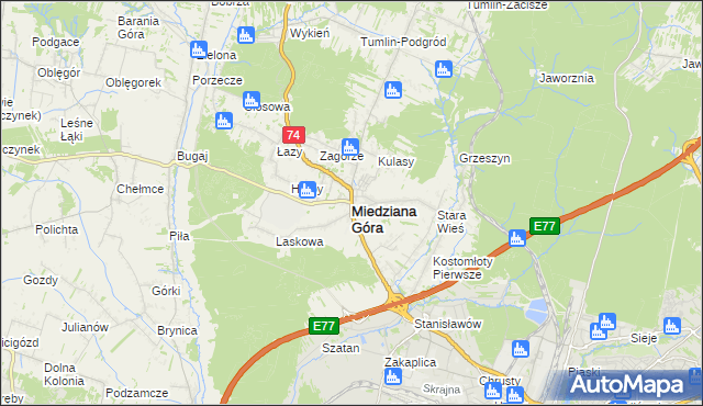 mapa Miedziana Góra powiat kielecki, Miedziana Góra powiat kielecki na mapie Targeo