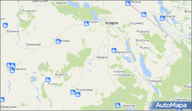 mapa Mielęcin gmina Krzęcin, Mielęcin gmina Krzęcin na mapie Targeo