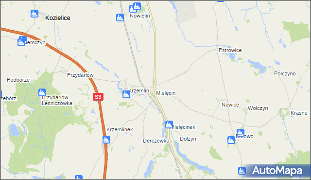 mapa Mielęcin gmina Pyrzyce, Mielęcin gmina Pyrzyce na mapie Targeo