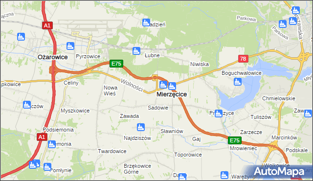 mapa Mierzęcice, Mierzęcice na mapie Targeo