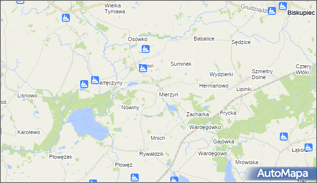 mapa Mierzyn gmina Biskupiec, Mierzyn gmina Biskupiec na mapie Targeo