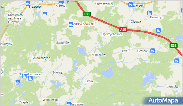 mapa Mieszków gmina Trzebiel, Mieszków gmina Trzebiel na mapie Targeo