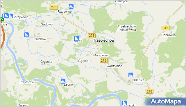 mapa Mieszkowo gmina Trzebiechów, Mieszkowo gmina Trzebiechów na mapie Targeo