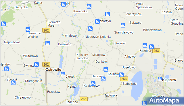 mapa Miłaczew gmina Kleczew, Miłaczew gmina Kleczew na mapie Targeo