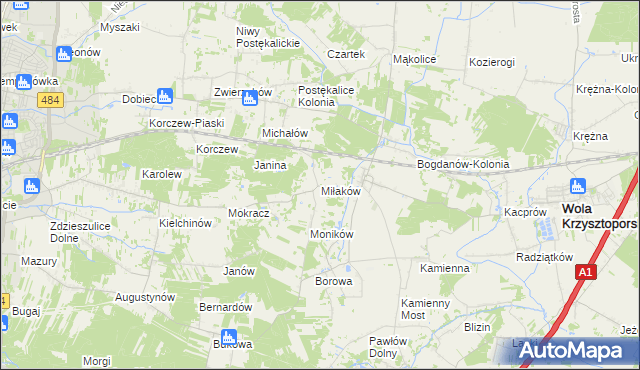 mapa Miłaków gmina Wola Krzysztoporska, Miłaków gmina Wola Krzysztoporska na mapie Targeo
