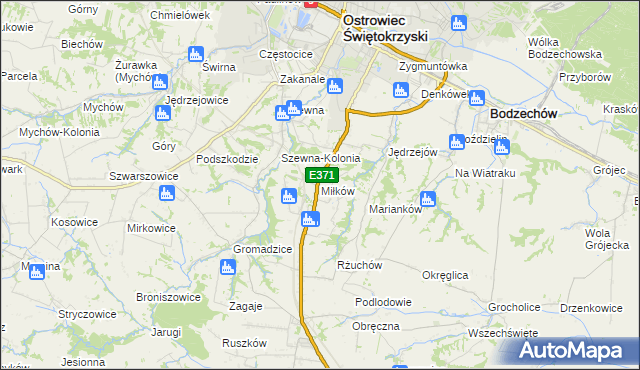 mapa Miłków gmina Bodzechów, Miłków gmina Bodzechów na mapie Targeo
