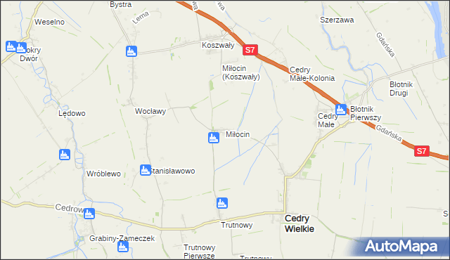mapa Miłocin gmina Cedry Wielkie, Miłocin gmina Cedry Wielkie na mapie Targeo