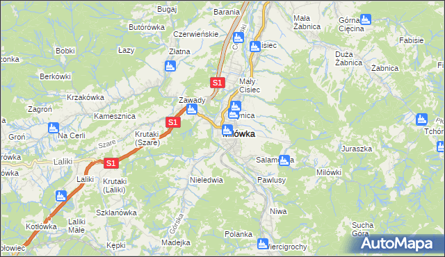 mapa Milówka powiat żywiecki, Milówka powiat żywiecki na mapie Targeo