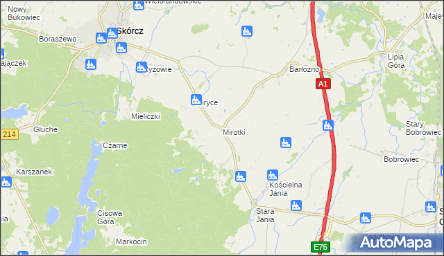 mapa Mirotki gmina Skórcz, Mirotki gmina Skórcz na mapie Targeo