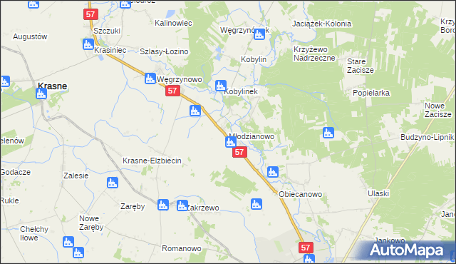 mapa Młodzianowo gmina Płoniawy-Bramura, Młodzianowo gmina Płoniawy-Bramura na mapie Targeo