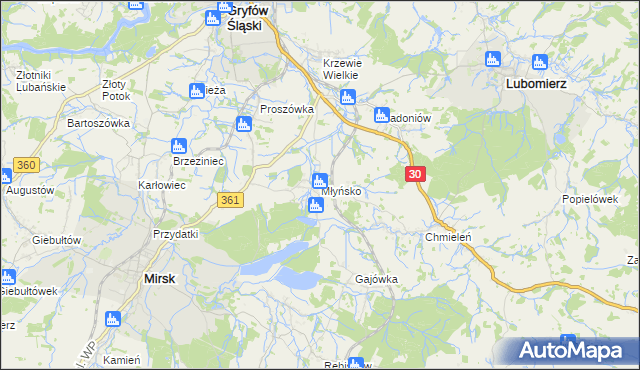 mapa Młyńsko gmina Gryfów Śląski, Młyńsko gmina Gryfów Śląski na mapie Targeo