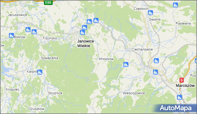 mapa Mniszków gmina Janowice Wielkie, Mniszków gmina Janowice Wielkie na mapie Targeo