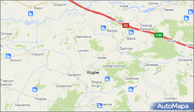 mapa Modła gmina Rzgów, Modła gmina Rzgów na mapie Targeo