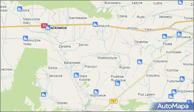 mapa Modliborzyce gmina Baćkowice, Modliborzyce gmina Baćkowice na mapie Targeo
