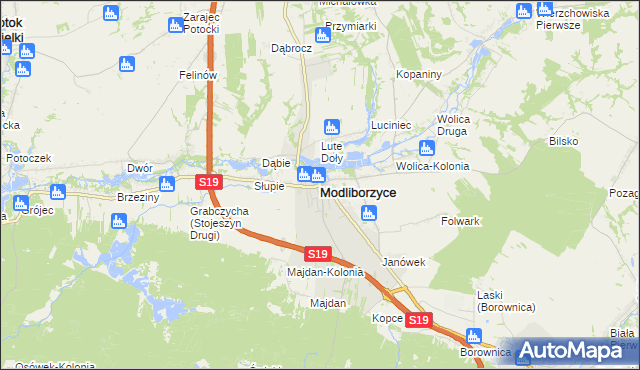 mapa Modliborzyce powiat janowski, Modliborzyce powiat janowski na mapie Targeo