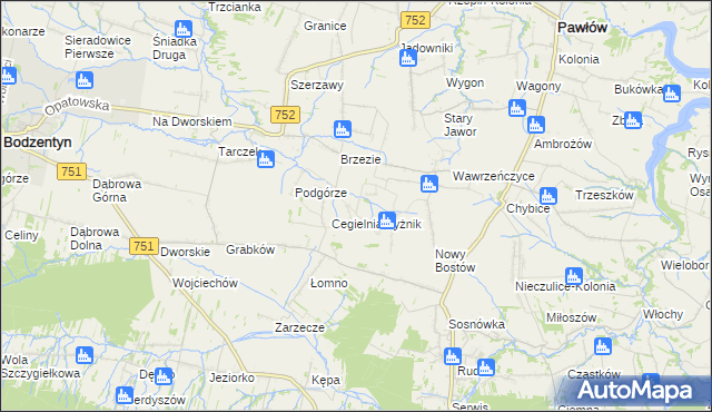 mapa Modrzewie gmina Pawłów, Modrzewie gmina Pawłów na mapie Targeo