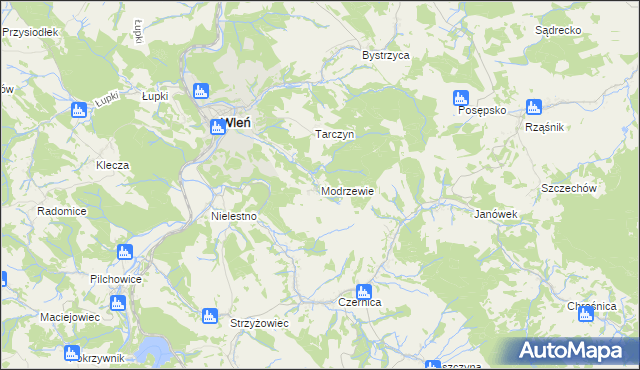 mapa Modrzewie gmina Wleń, Modrzewie gmina Wleń na mapie Targeo