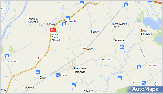 mapa Mojkowo gmina Gronowo Elbląskie, Mojkowo gmina Gronowo Elbląskie na mapie Targeo