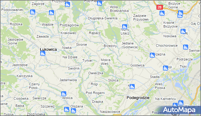 mapa Mokra Wieś gmina Podegrodzie, Mokra Wieś gmina Podegrodzie na mapie Targeo