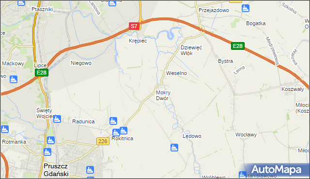 mapa Mokry Dwór gmina Pruszcz Gdański, Mokry Dwór gmina Pruszcz Gdański na mapie Targeo