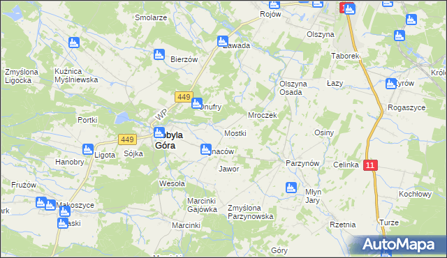 mapa Mostki gmina Kobyla Góra, Mostki gmina Kobyla Góra na mapie Targeo