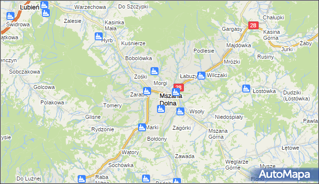 mapa Mszana Dolna, Mszana Dolna na mapie Targeo