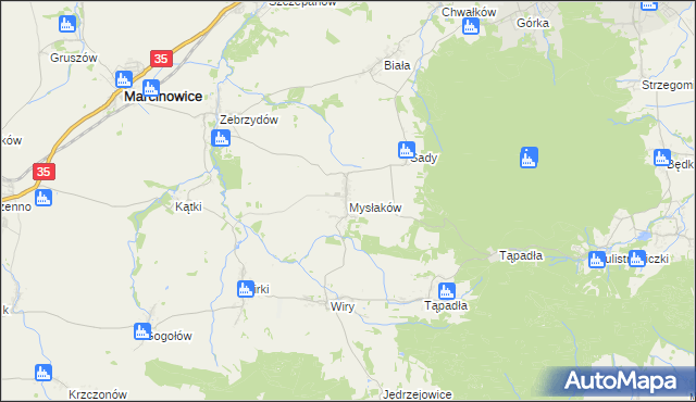 mapa Mysłaków gmina Marcinowice, Mysłaków gmina Marcinowice na mapie Targeo