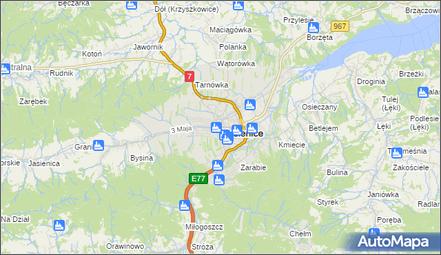 mapa Myślenice, Myślenice na mapie Targeo