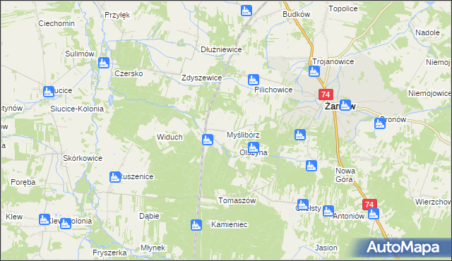 mapa Myślibórz gmina Żarnów, Myślibórz gmina Żarnów na mapie Targeo