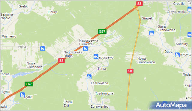 mapa Nagoszewo gmina Ostrów Mazowiecka, Nagoszewo gmina Ostrów Mazowiecka na mapie Targeo