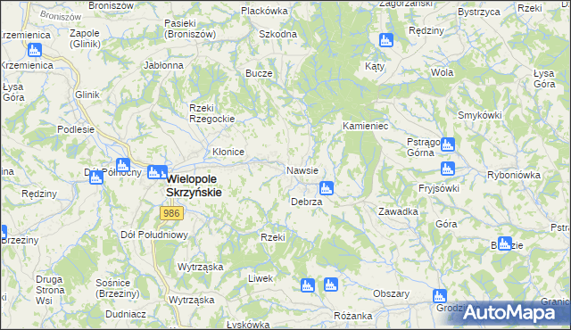 mapa Nawsie gmina Wielopole Skrzyńskie, Nawsie gmina Wielopole Skrzyńskie na mapie Targeo