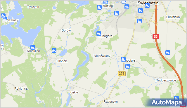 mapa Niedźwiady gmina Świebodzin, Niedźwiady gmina Świebodzin na mapie Targeo