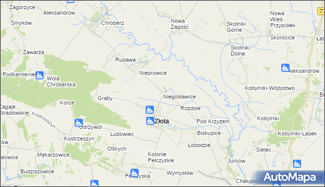 mapa Niegosławice gmina Złota, Niegosławice gmina Złota na mapie Targeo