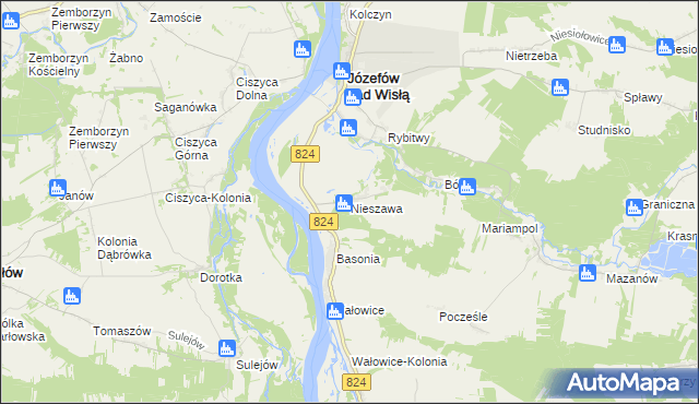 mapa Nieszawa gmina Józefów nad Wisłą, Nieszawa gmina Józefów nad Wisłą na mapie Targeo