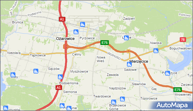 mapa Nowa Wieś gmina Mierzęcice, Nowa Wieś gmina Mierzęcice na mapie Targeo