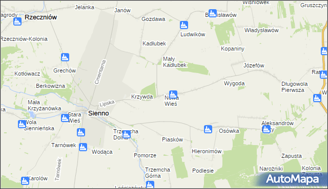 mapa Nowa Wieś gmina Sienno, Nowa Wieś gmina Sienno na mapie Targeo