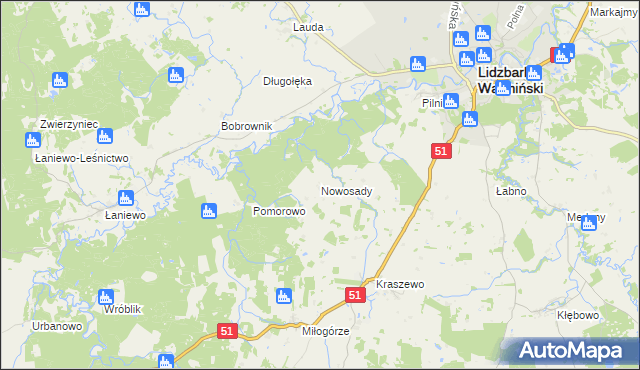 mapa Nowosady gmina Lidzbark Warmiński, Nowosady gmina Lidzbark Warmiński na mapie Targeo