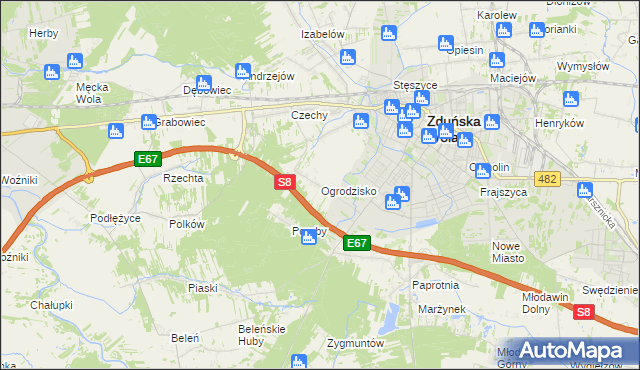 mapa Ogrodzisko gmina Zduńska Wola, Ogrodzisko gmina Zduńska Wola na mapie Targeo