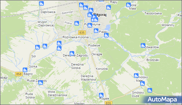 mapa Okrągłe gmina Biłgoraj, Okrągłe gmina Biłgoraj na mapie Targeo