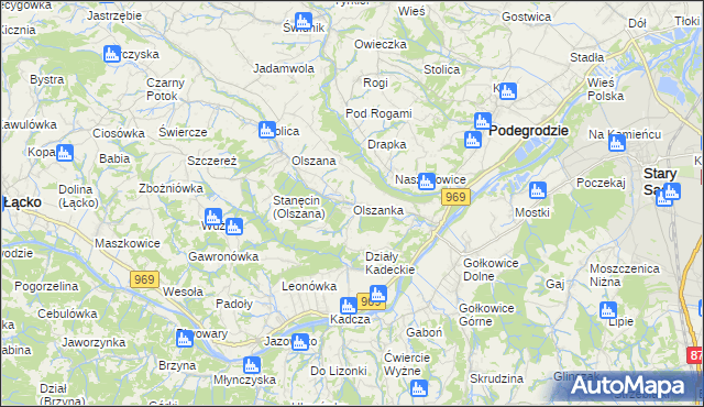 mapa Olszanka gmina Podegrodzie, Olszanka gmina Podegrodzie na mapie Targeo