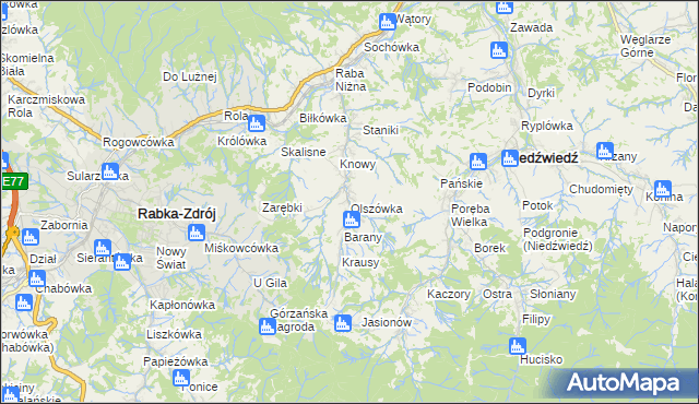 mapa Olszówka gmina Mszana Dolna, Olszówka gmina Mszana Dolna na mapie Targeo