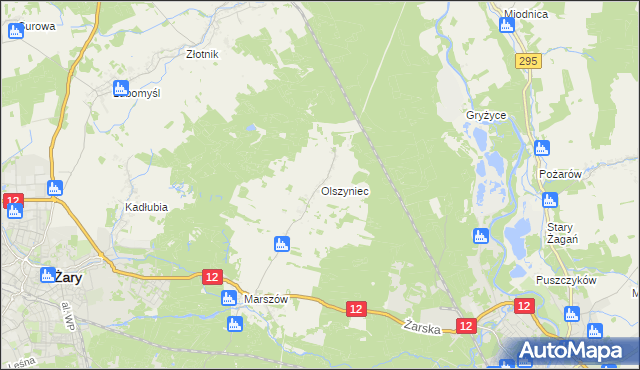mapa Olszyniec gmina Żary, Olszyniec gmina Żary na mapie Targeo