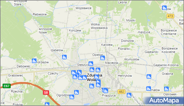 mapa Opiesin gmina Zduńska Wola, Opiesin gmina Zduńska Wola na mapie Targeo