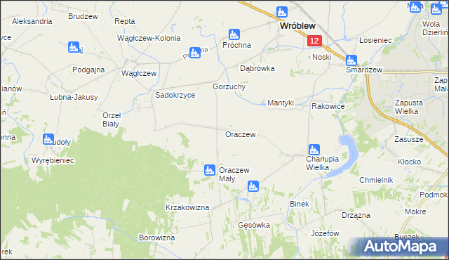 mapa Oraczew gmina Wróblew, Oraczew gmina Wróblew na mapie Targeo