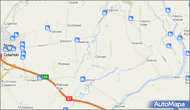 mapa Orliniec gmina Nowy Dwór Gdański, Orliniec gmina Nowy Dwór Gdański na mapie Targeo