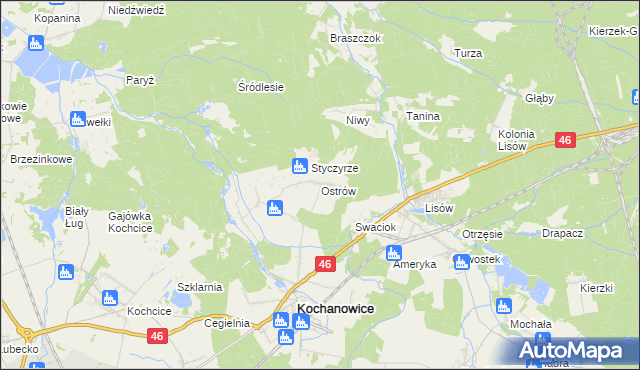 mapa Ostrów gmina Kochanowice, Ostrów gmina Kochanowice na mapie Targeo