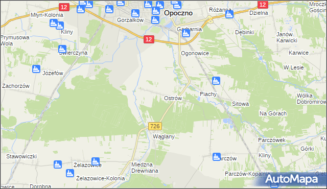 mapa Ostrów gmina Opoczno, Ostrów gmina Opoczno na mapie Targeo