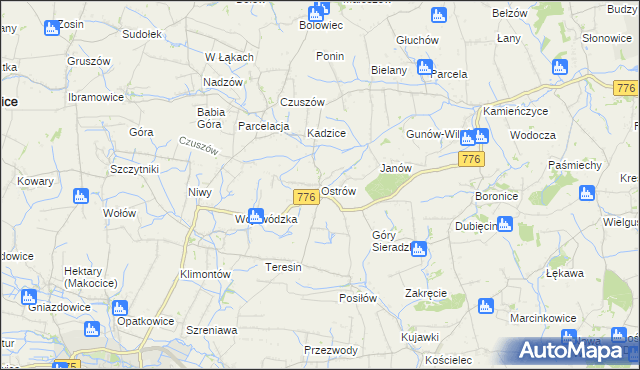 mapa Ostrów gmina Proszowice, Ostrów gmina Proszowice na mapie Targeo